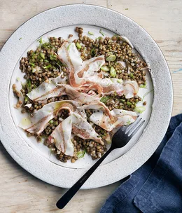 Home-cured pork with lentil salad