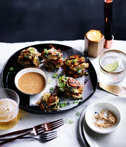 Potato and mussel pancakes with sesame dipping sauce