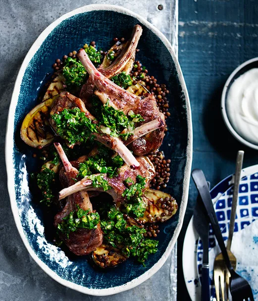 Grilled lamb cutlets with yoghurt and fresh chilli chutney