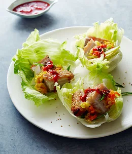 Roast Korean pork lettuce cups with ssämjang