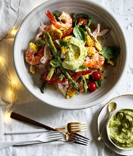 Poached turkey and prawn salad with avocado dressing