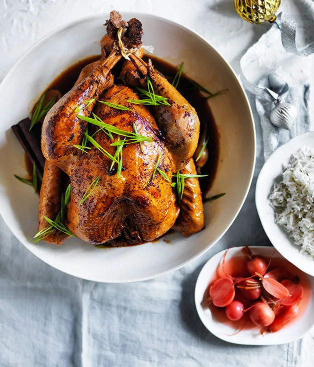 Red braised turkey with pickled radishes