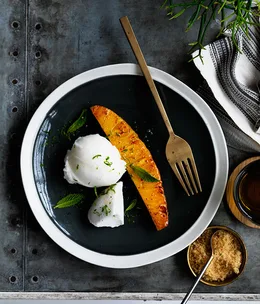 Pineapple with ginger beer sorbet and coconut mousse