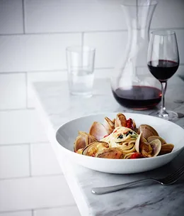 Tipo 00's spaghetti with strawberry clams, chilli and smoked tomato