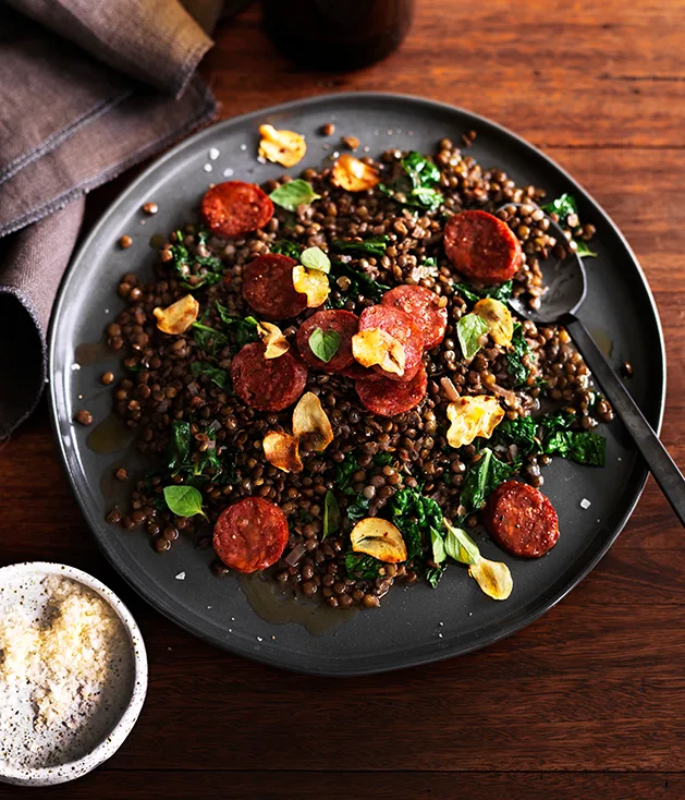 Green lentils with salami and cavolo nero