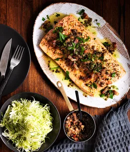 Roast trout with warm green lentil and bacon dressing