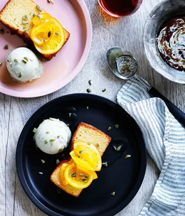 Olive oil cake with pumpkin-seed ice-cream and candied orange