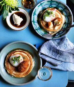 Bodega's buttermilk pancakes with bacalao, egg and smoked maple butter