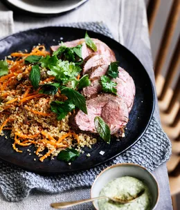 Mini lamb roast with cracked wheat, carrots and green tahini sauce