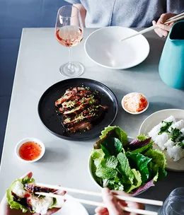 Pork neck with herbs and banh hoi noodles