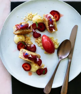 Rhubarb friand tart with tarragon crémeux and strawberry sorbet