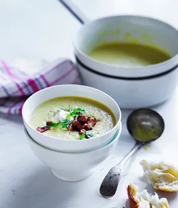 Spring corn and bacon soup with crème fraîche