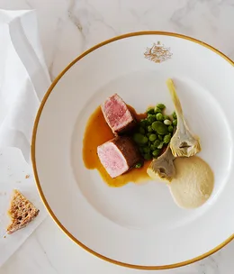 Barbecued veal, artichokes, peas and broad beans with oyster cream