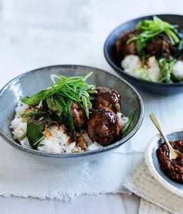 Soy pork and ginger meatballs with hoisin greens and rice