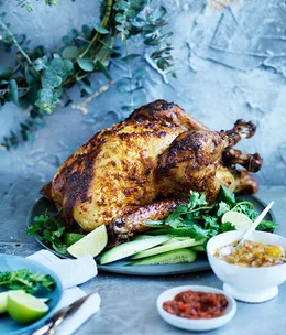 Indian-spiced marinated turkey with two chutneys