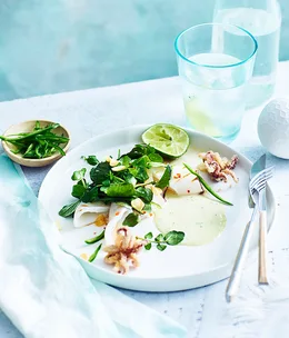 Jimmy Wah's grilled squid with watercress, green chilli mayo and fried garlic