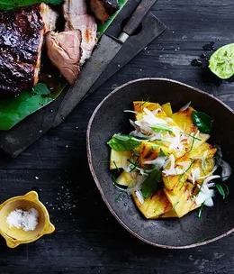 Barbecued sweet soy pork with pineapple salad