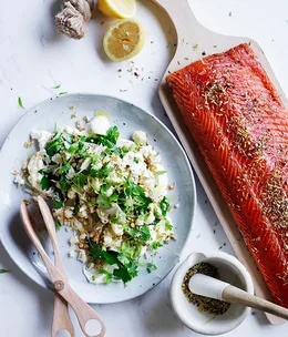 Citrus-cured salmon with lemon labne and cauliflower salad