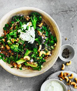 Spelt, cashew and broccoli bowl with yoghurt dressing