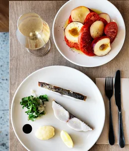 Saint Peter’s crisp-skinned Spanish mackerel, aïoli, parsley and pickled onion salad