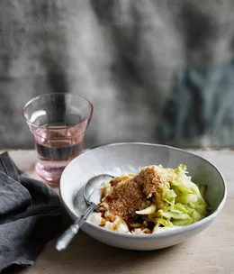 O Tama Carey’s fresh kefir curd with kithul, roasted coconut and apple