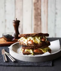 Pork sausage and Swiss cheese on toasted rye with sauerkraut recipe