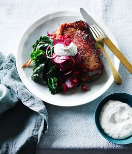 Steak with sweet and sour beetroot and horseradish crème fraiche