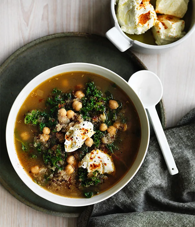 Chickpea, quinoa and kale soup with labne