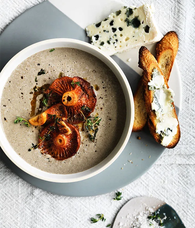 Mushroom and thyme soup with Roquefort croutons