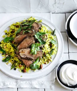 Lamb rump with almond, sour currant and cauliflower rice