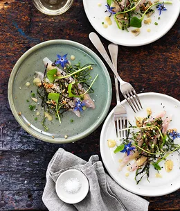 Cured leatherjacket with horseradish vinaigrette