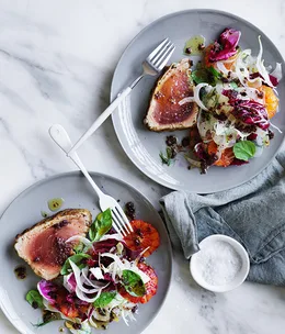 Grilled tuna with blood orange, fennel and black olive dressing