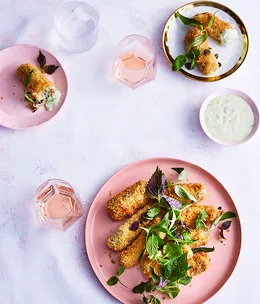 Crumbed rice paper rolls with crab and green sriracha mayo