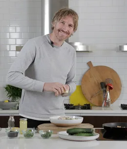 Darren Robertson’s shaved zucchini salad with Christmas ham and macadamias