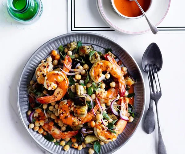Charred prawns, eggplant and chickpeas with roast tomato vinaigrette