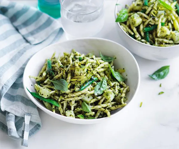 Trofie with potatoes, beans and pistachio pesto