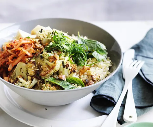Cauliflower, silken tofu and walnut rice bowl