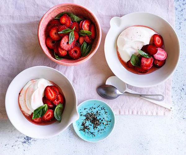 Peppery strawberries with basil and goat&rsquo;s curd cream