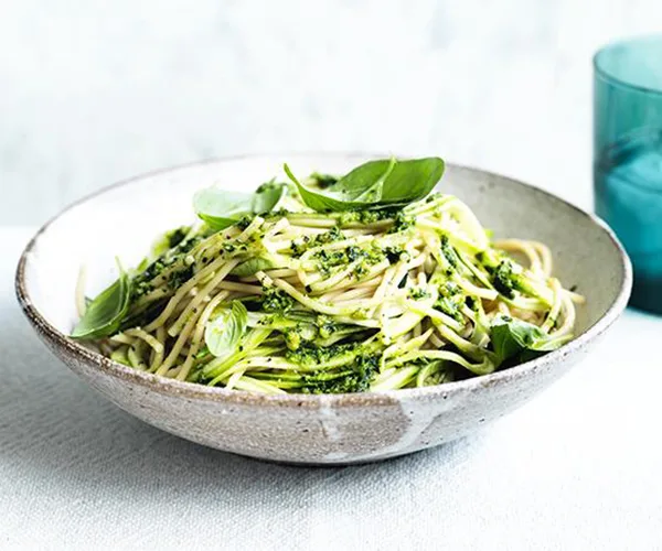 Spelt spaghetti with zucchini and cavolo nero-almond sauce
