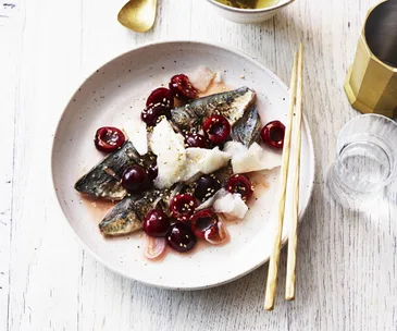 Grilled mackerel with cherry salad