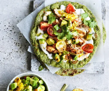 Chipotle chicken flatbread with avocado-corn salsa