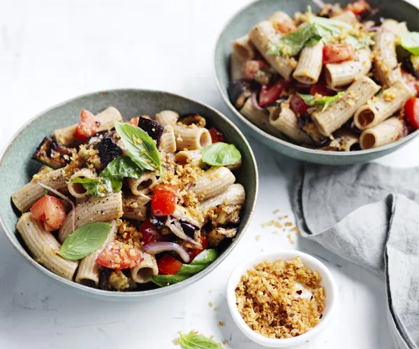 Roast eggplant, tomato and basil spelt pasta