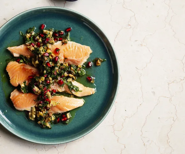 Ocean trout escalopes with walnut-pomegranate salsa