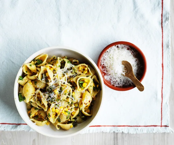 Conchiglie rigate with corn, anchovy and mint