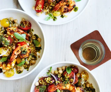Prawn salad with chorizo, chickpeas and freekeh