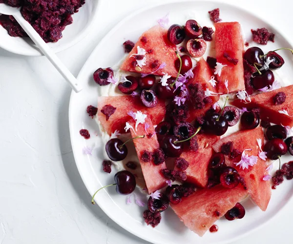 Watermelon and cherry salad with cheat's cherry granita