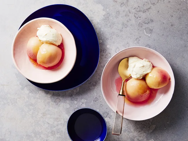White peaches with rosewater, honey and fromage blanc
