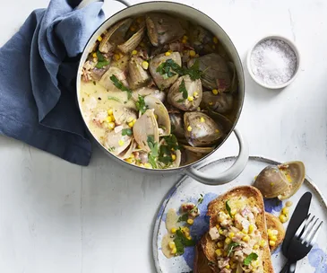 Clams with bacon and corn