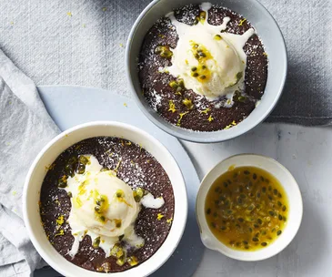 Chocolate-coconut pudding with passionfruit and ice-cream