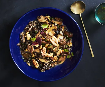 Miso-glazed mushrooms with walnuts and black barley